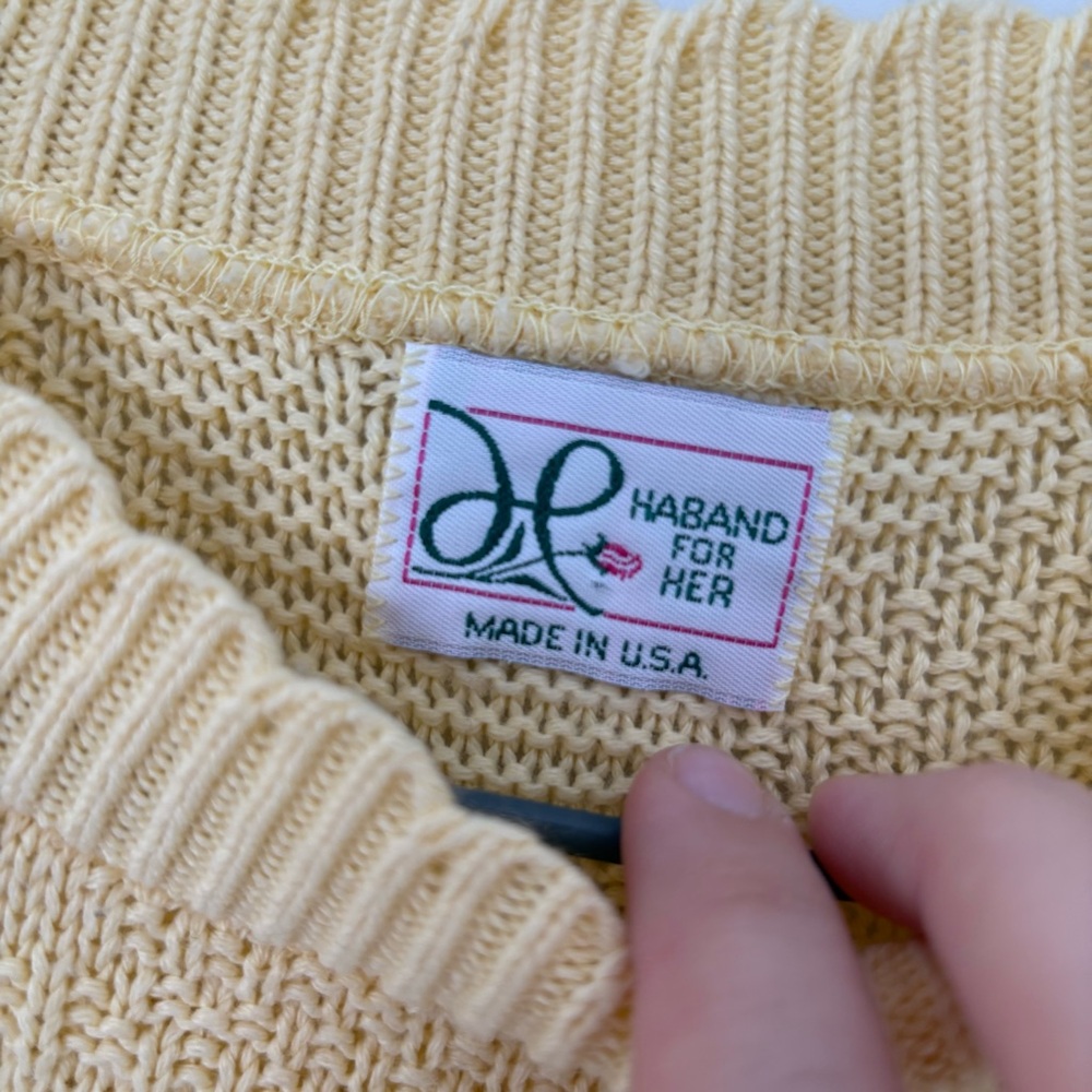 Vintage 80s Haband for Her Pastel Yellow Chevron Knit Short Sleeve Sweater Sz L - Picture 3 of 5